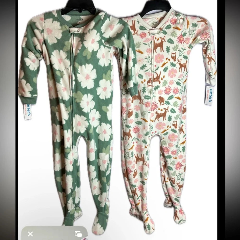 NWT 2 Pc Set Carter's Fleece Green Pink Deer White Forest Footie Nonslip Sole